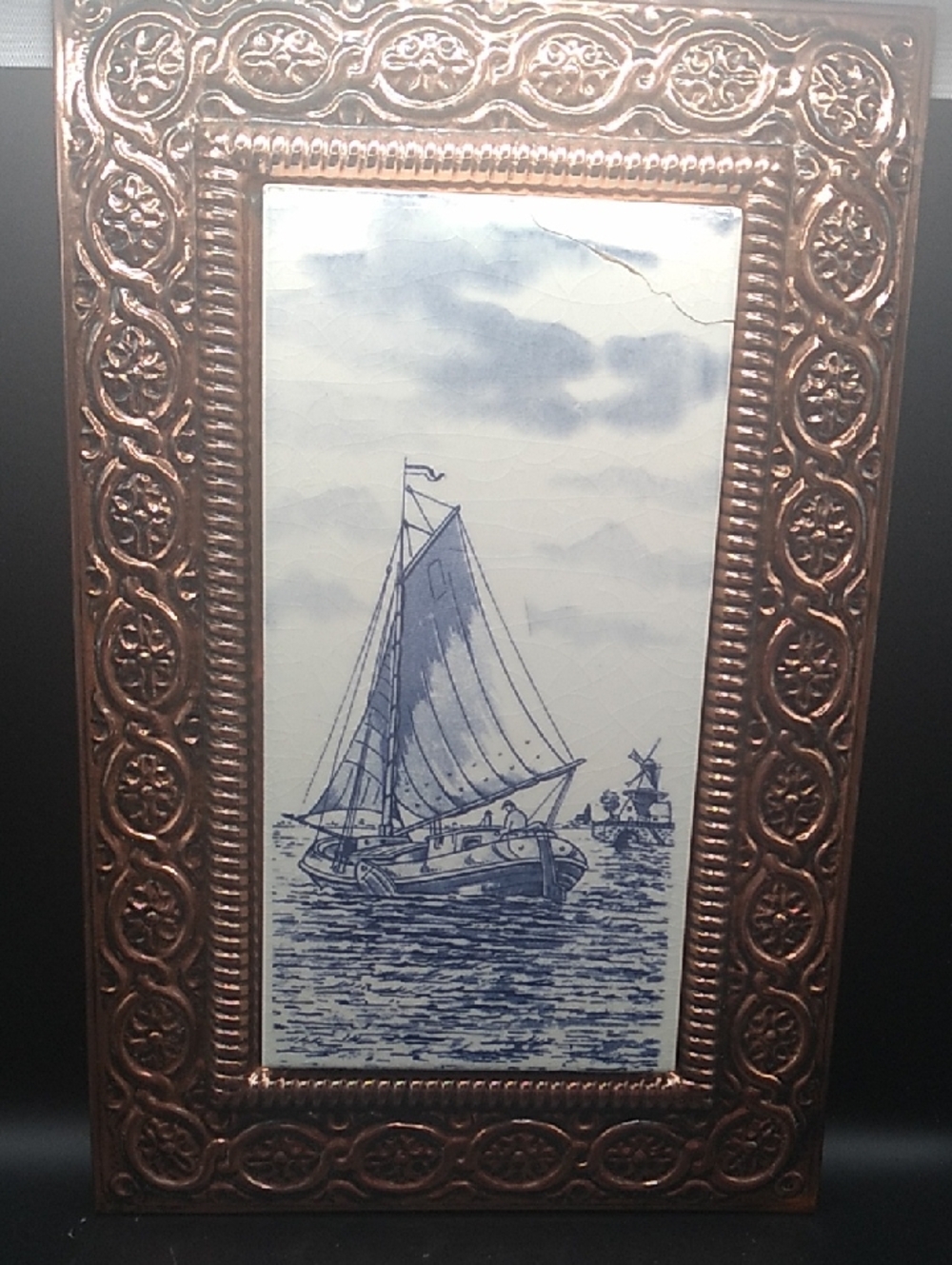Vintage Delft Traditional Dutch Sailing Blue Tile & Copper Frame (B7)